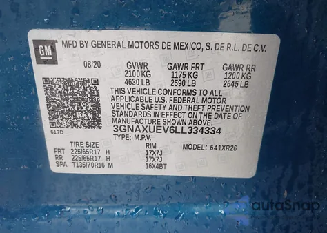 2020 Chevrolet Equinox Awd Lt 1.5L Turbo from USA, damaged, VIN 3GNAXUEV6LL334334